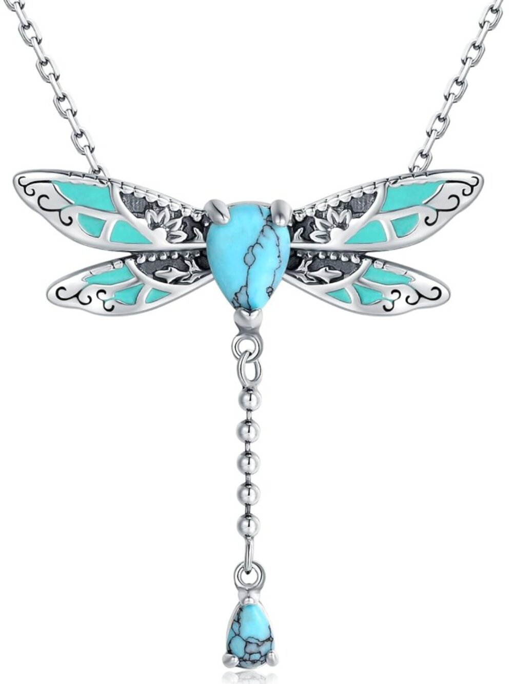 Vintage Boho 925 Sterling Silver Turquoise Dragonfly & Hummingbird Necklaces